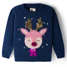 Yellow Apple Knit Full Sleeves Pullover Sweater With Animal Embriodery & Sequin Detailing - Navy Blue-picture-28