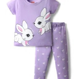 Babyhug Cotton Knit Half Sleeves Night Suit With Animal & Heart Print - Lavender-picture-27