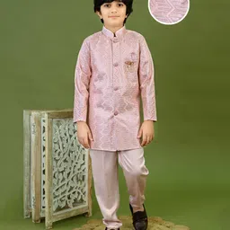 BT DEZINES Satin Woven Full Sleeves Chevron Embroidered Sequins Embellished Sherwani & Trousers Set - Onion Pink-picture-29