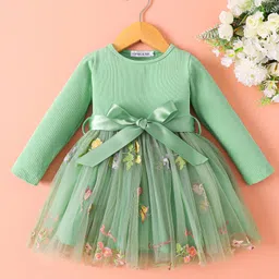Mark & Mia Full Sleeves Party Dress With Floral Embroidery & Bow Applique - Green-picture-21