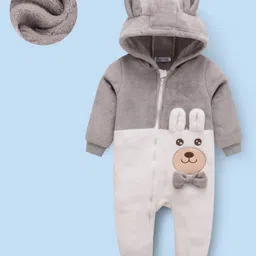 Mark & Mia Full Sleeves Front Open Romper with Bear Patch Ear & Bow Applique - Grey & White-picture-36