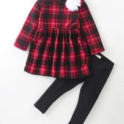 CrayonFlakes Knit Full Sleeves Checked & Floral Applique Detailed Dress With Leggings - Red-picture-12