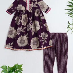 The Magic Wand Cotton Woven Three Fourth Sleeves Floral Printed & Gota Lace Embellished Anarkali Kurti Pant Set - Purple-picture-32