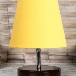 Devansh Cotton Round Brown Wood Table Lamp - Yellow image 2