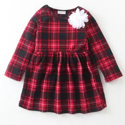 CrayonFlakes Knit Full Sleeves Checked & Floral Applique Detailed Dress With Leggings - Red image 3