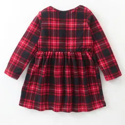 CrayonFlakes Knit Full Sleeves Checked & Floral Applique Detailed Dress With Leggings - Red image 4