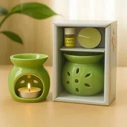 Green, Ceramic Diffuser For Home Fragrance, 4 ml Aroma Oil, 1 Candle & 1 Diffuser Set-image-28