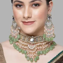 Karatcart Gold-Plated Pink and Lime Green Kundan Choker Bridal Jewellery Set for Women-image-21