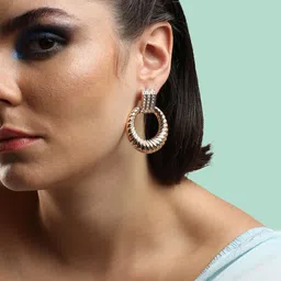 DressBerry Gold-Plated Artificial Stones Studded Circular Shaped Drop Earrings image 2