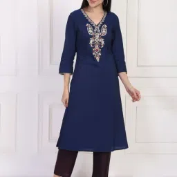 W Navy Blue Rayon Embroidered Kurti image 5