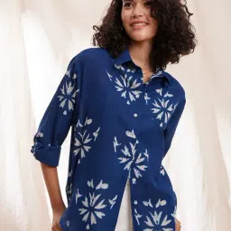Pink Fort Blue Cotton Floral Print Shirt-image-5