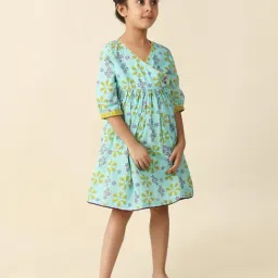 Fabindia Kids Mint Green Floral Print Dress-image-80