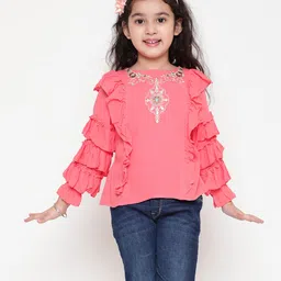 ISHTI Frill SleevesFloral Embroidered Top - Peach-picture-14