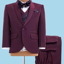 Robo Fry Woven Full Sleeves Solid & Floral Printed 4 Piece Party Suit with Bow - Maroon-picture-34