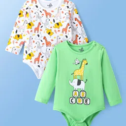 Doodle Poodle 100% Cotton Knit Full Sleeves Animals Print Onesies Pack of 2 - White & Light Green-picture-25