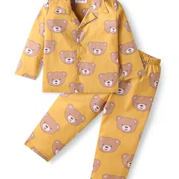 Babyhug Cotton Knit Full Sleeves Night Suit With Teddy Bear Print - Yellow-picture-21