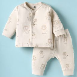 Zero Interlock Knit Full Sleeves Front Open Co-ord Night Suit With Lion Print - Beige-picture-20