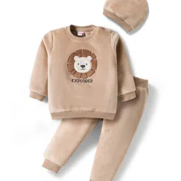 Babyhug Velour Knit Full Sleeves Winter Sweatshirt & Joggers Set With Cap & Lion Patch Embroidery - Tan-picture-14