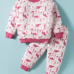 Teddy Fleece Knit Full Sleeves Winter Wear Co-Ord T-Shirt & Joggers Set with Animal Print - Pink-picture-14