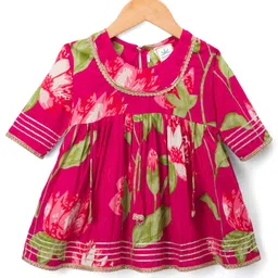 teentaare Teentare Cotton Woven Three Fourth Sleeves Kurta Sharara & Dupatta Set With Floral Print - Red image 2