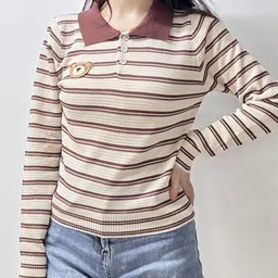 KPOP Women Shirt Collar Striped Extended Sleeves Top-image-37