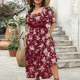 Sztori Women Plus Size Floral Printed Flared Sleeve Smocked Fit & Flare Maxi Dress-picture-17
