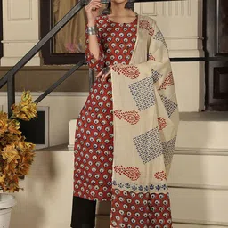 Taavi Women Ethnic Motifs Printed Cotton Straight Kurta with Trousers & Dupatta image 5