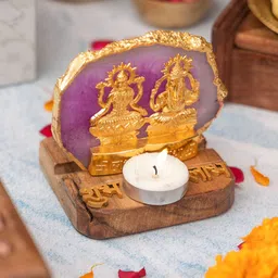 HOMEARTE Laxmi Ganesha with Green Agate and Wooden Base Showpiece image 1