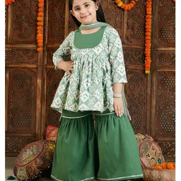 Vastramay Three Fourth Sleeves Ikat Printed Kurta With Sharara And Dupatta Set - Green-picture-35
