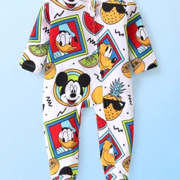 Babyhug Disney 100% Cotton Knit Full Sleeve Sleep Suit with Mickey Mouse Graphics -White-picture-14