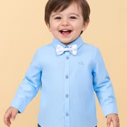 Babyoye 100% Cotton Solid Dyed Full Sleeves Shirt with Heart Embroidery & Bow - Light Blue-picture-13