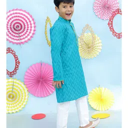 KID1 Cotton Full Sleeves Chevron Weave Handloom Kurta With Pyjama - Turquoise image 4
