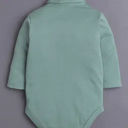 BUMZEE Cotton Knit Full Sleeves Solid Color Onesie & Pant Set With Suspender & Cap - Beige & Green image 3