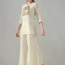 HERE&NOW Embroidered Pure Cotton Tunic & Trousers Co-Ord Set image 3