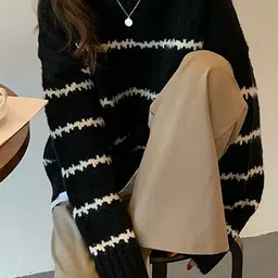 StyleCast x Revolte Striped Self Design Round Neck Pullover Sweater image 3