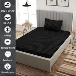 Filymore Black Striped 300 TC Single Bedsheet with 1 Pillow Covers image 5