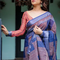 ALMAARI FASHION Ethnic Motifs Digital Printed Pure Linen Banarasi Saree image 5