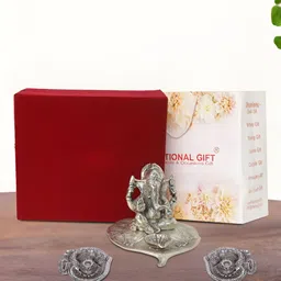 INTERNATIONAL GIFT Silver-Toned Lord Leaf Ganesh Religious Idol Showpiece With 2 Diya-picture-30