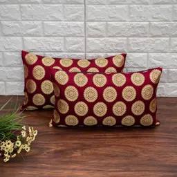 RoyalDeco Maroon & Gold-Toned 2 Pieces Ethnic Motifs Brocade Silk Rectangle Cushion Covers-image-86
