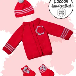 COCOON ORGANICS Handcrafted Full Sleeves Floral Design Sweater With Cap & Socks - Red-picture-18