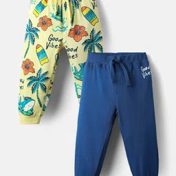 Babyhug Terry Knit Full Length Beach Theme Printed Lounge Pants Pack of 2 - Navy Blue & Yellow image 1