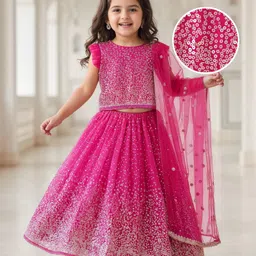 Babyhug Woven Sleeveless Lehenga Choli Set And Dupatta With Sequenced Embroidery & Lace Detailing - Dark Pink-picture-13