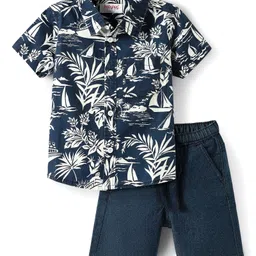 Babyhug Cotton Woven Half Sleeves Shirts and Shorts Set with Leaves Print - Navy Blue-picture-21