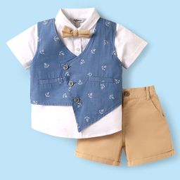ToffyHouse Poplin Woven Half Sleeves 3 Piece Party Suits with Boat Print - White & Blue-picture-27