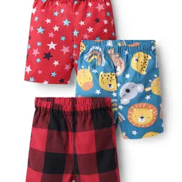 Babyhug Cotton Woven Above Knee Length Boxers With Checks Stars & Animal Print Pack Of 3 - Red & Blue-image-14
