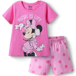 HoneyHap Disney Single Jersey Knit Half Sleeves Shorts Night Suit With Minnie Mouse Graphics - Pink-picture-32
