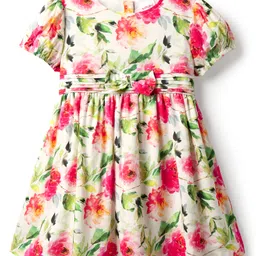 Babyhug Cotton Woven Half Sleeves Frock With Floral Print & Bow Applique - Pink-picture-30