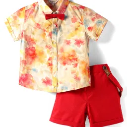 ToffyHouse Poplin Woven Half Sleeves Ombre Printed Shirt & Shorts Set With Bow & Suspender - Red image 1