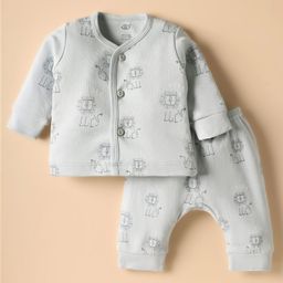 Zero Interlock Knit Full Sleeves Front Open Co-ord Night Suit With Lion Print - Grey-picture-17