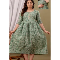 NEVISHA STYLE Cotton Woven Three Fourth Sleeves Floral & Paisley Printed Maternity Kurta With Nursing Access - Green-image-83